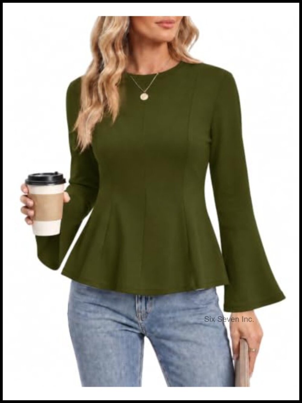 Peplum Top Bell Sleeve Round Neck Cotton Blend Business Casual Womens Blouse